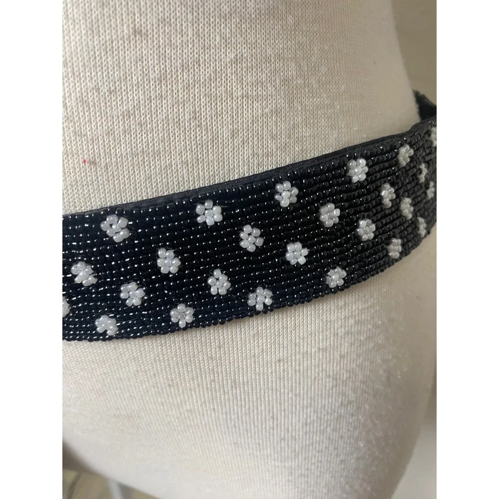 Vintage 90s Glass Beaded Daisy Flower Belt Black Rhinestone Buckle Retro Boho